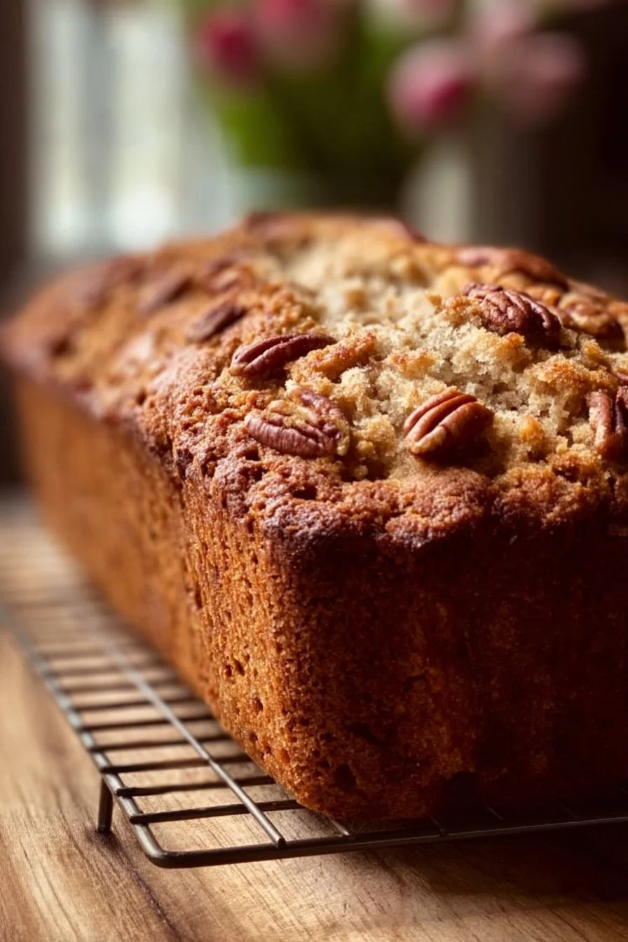 Freshly baked buttermilk sweet Alabama pecan bread with a golden crust