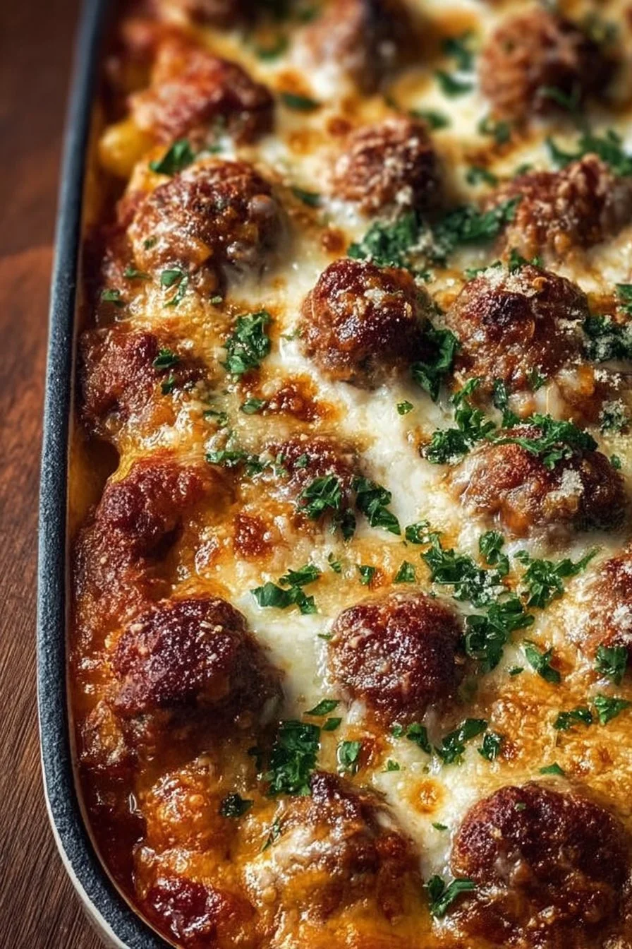 Delicious dump and bake meatball casserole served in a dish