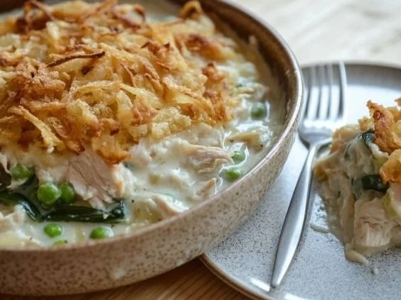 Delicious French onion chicken casserole topped with melted cheese and crispy onions.