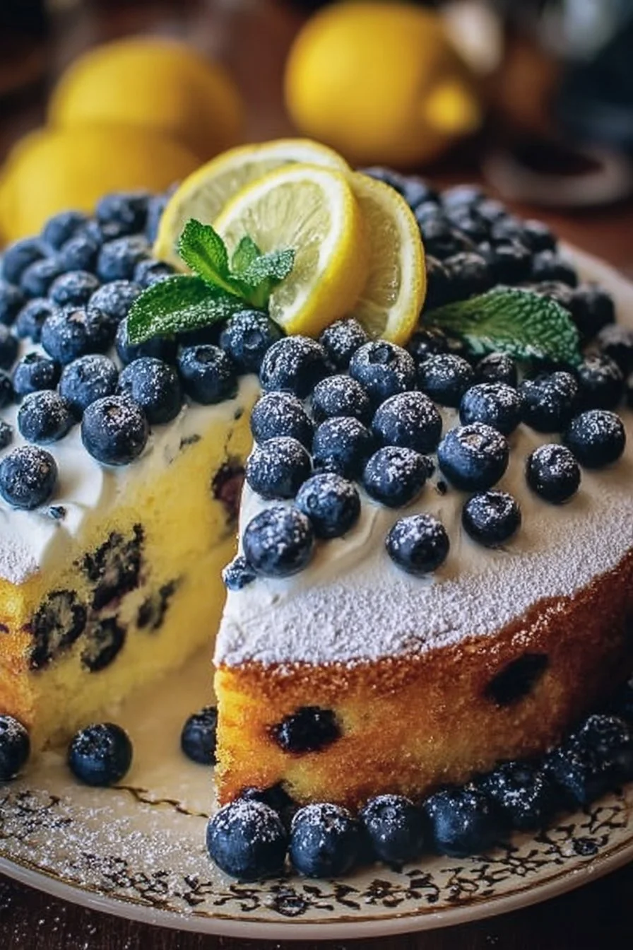 Slice of delicious lemon blueberry cake topped with berries and lemon icing