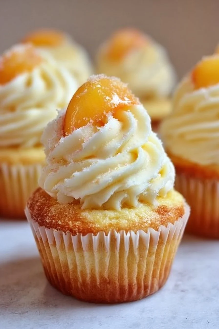 Delicious Peach Bellini Cupcakes topped with peach frosting and bubbly decorations.