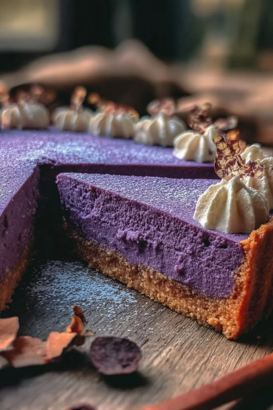 A slice of delicious purple sweet potato pie on a white plate