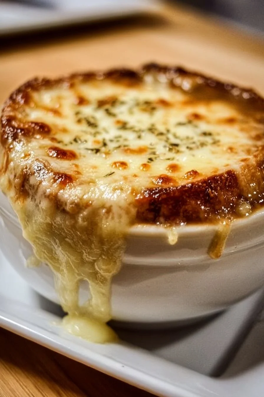 Bowl of delicious slow cooker French onion soup topped with melted cheese.