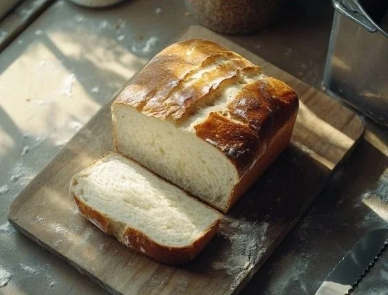 Loaf of delicious homemade sourdough sandwich bread on a wooden cutting board