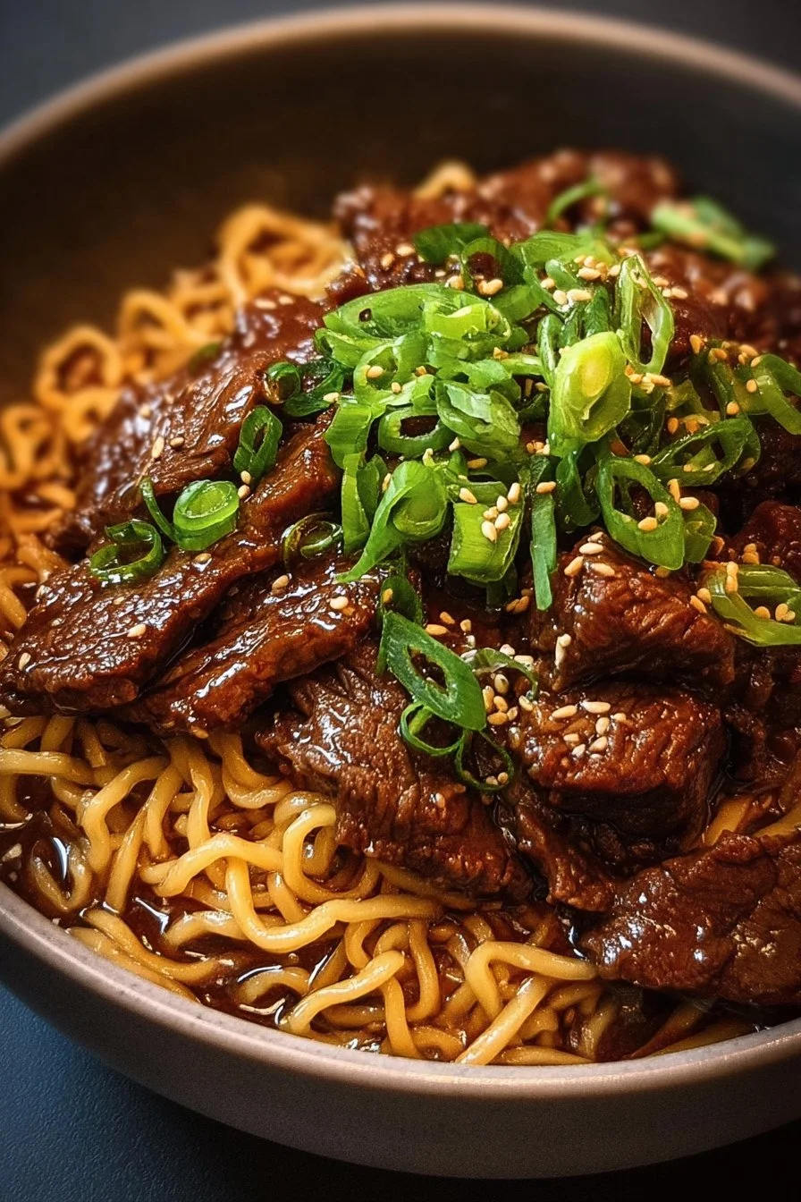 Delicious sticky beef noodles garnished with fresh herbs and served in a bowl.