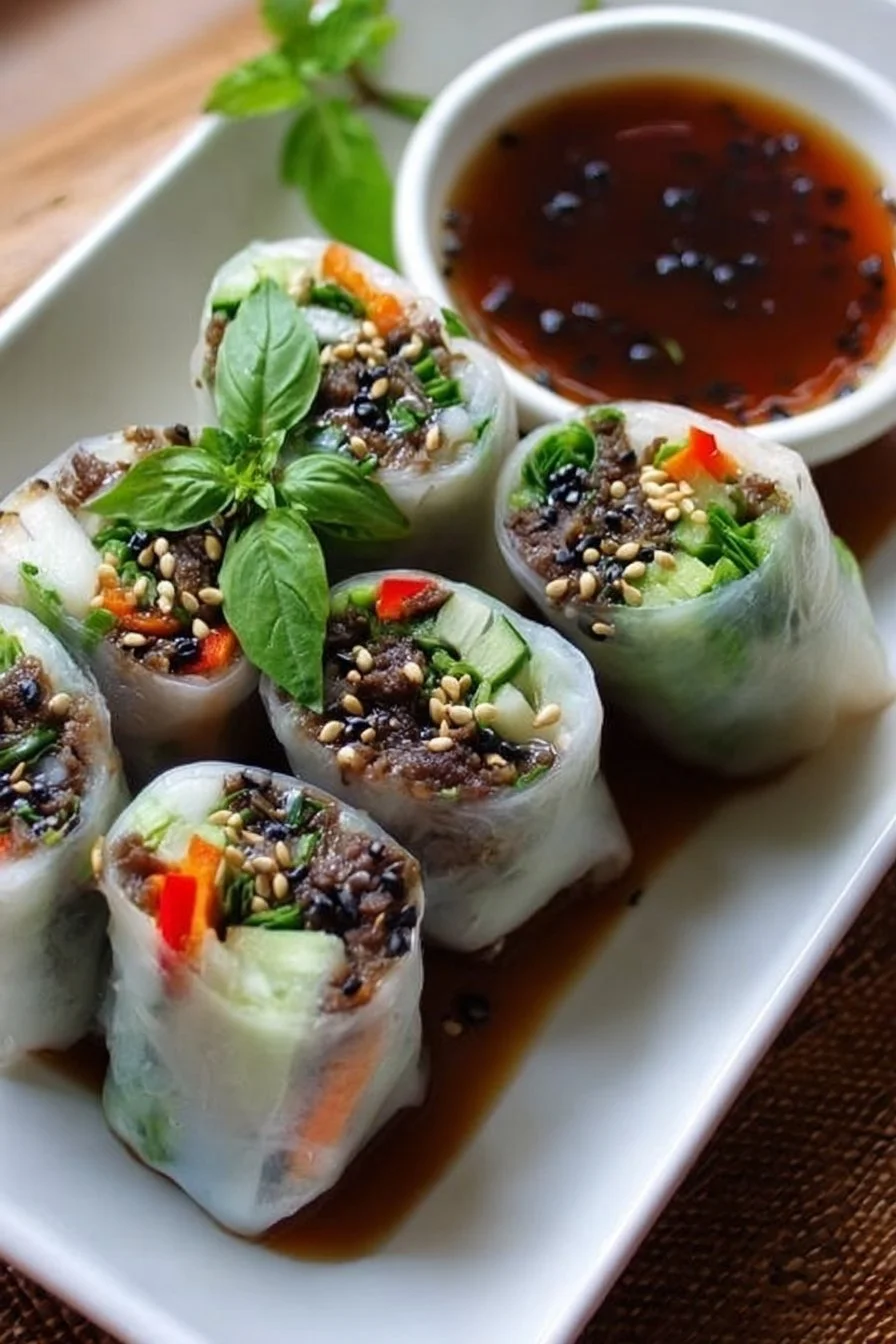 Plate of delicious Thai Basil Beef Rolls garnished with fresh herbs