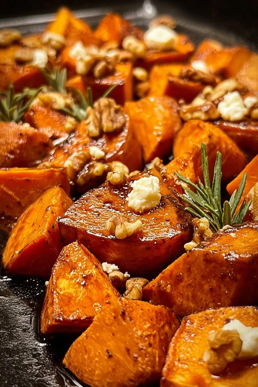 Delicious roasted sweet potatoes with walnut maple and goat cheese topping