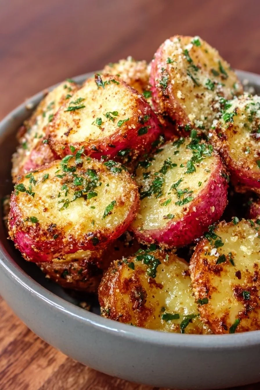 Air fryer roasted garlic parmesan radishes served in a bowl.