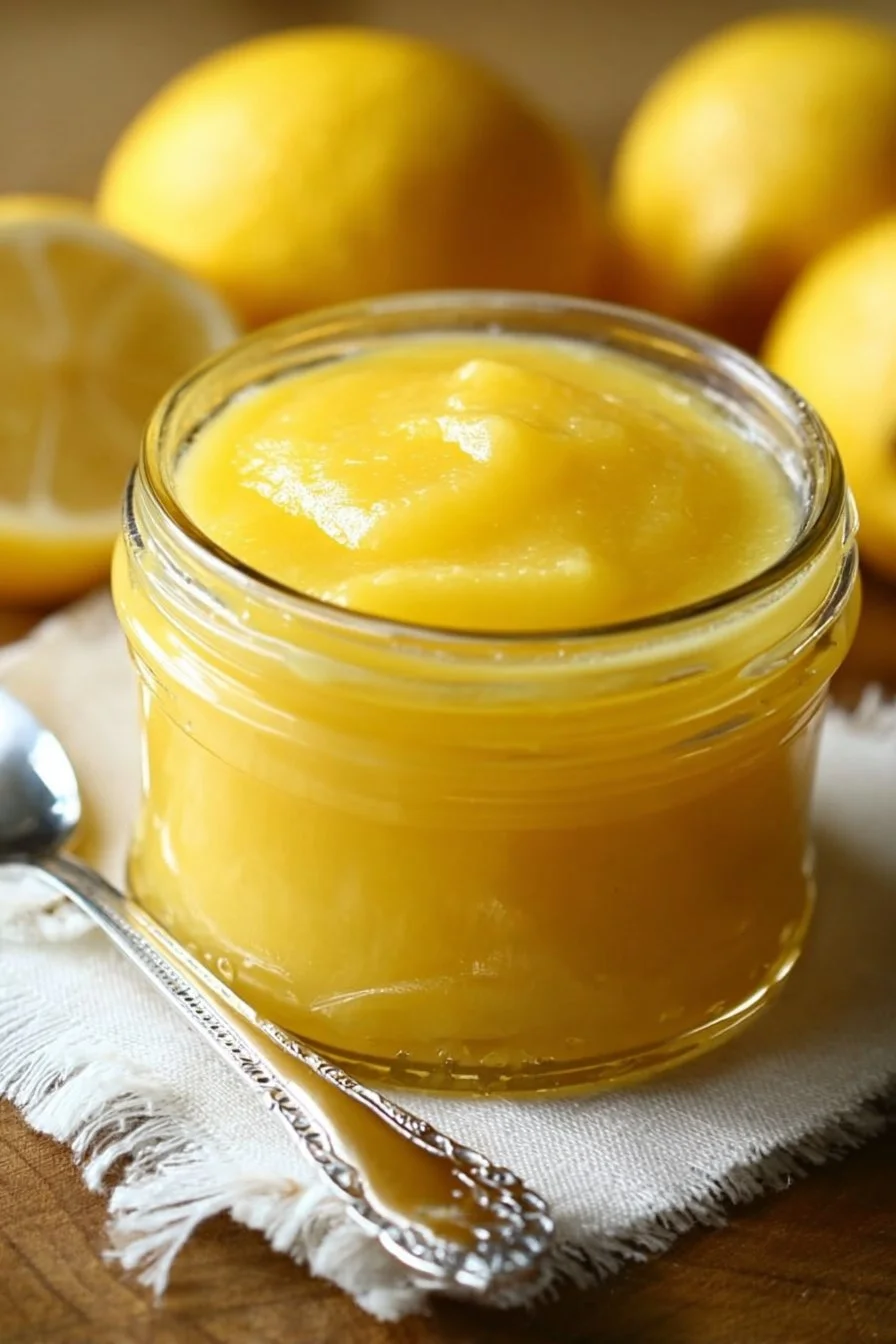 Homemade easy lemon curd in a jar with fresh lemons and a whisk