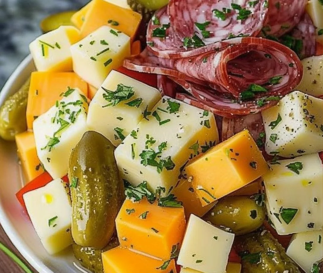 Easy Marinated Cheese Appetizer with Salami & Pickles
