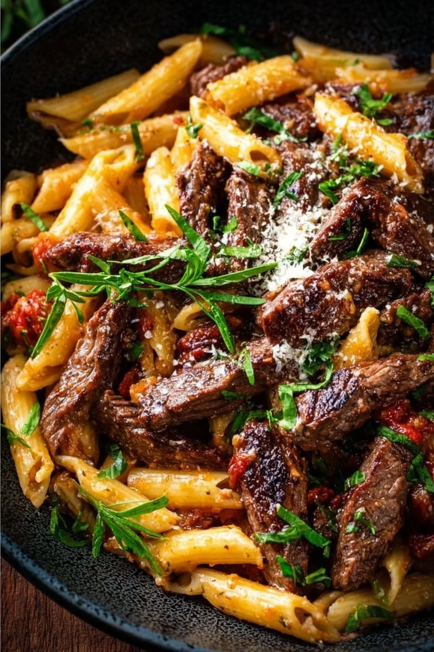 One-pot zesty steak pasta with colorful vegetables and herbs
