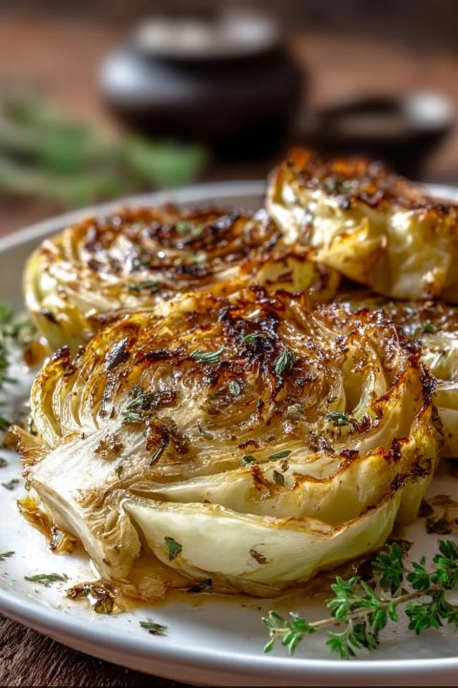 Oven roasted garlic cabbage steaks served on a plate