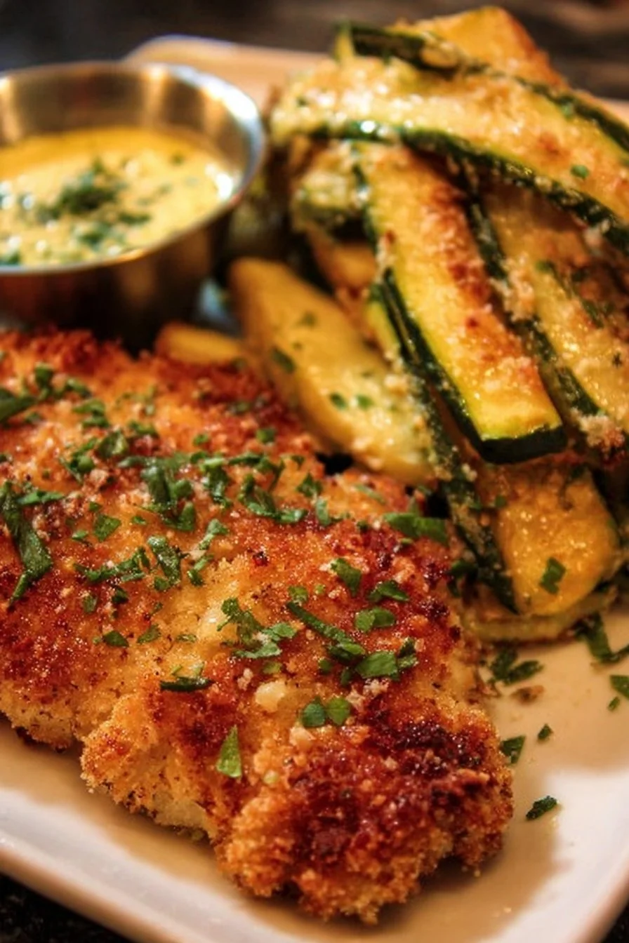 Easy Parmesan Crusted Chicken served with Zucchini Fries