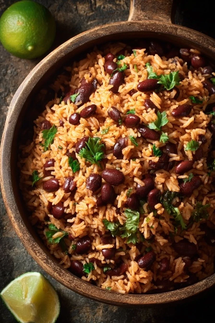 Easy rice and beans dish served in a bowl with spices and herbs.