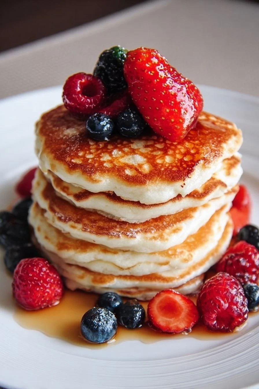 Delicious stack of easy simple vegan pancakes topped with berries