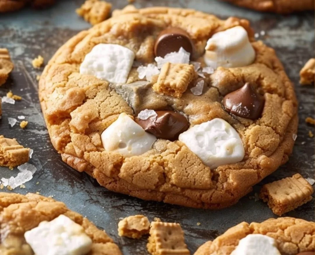 Delicious easy s'mores cookies with chocolate, marshmallows, and graham cracker pieces.