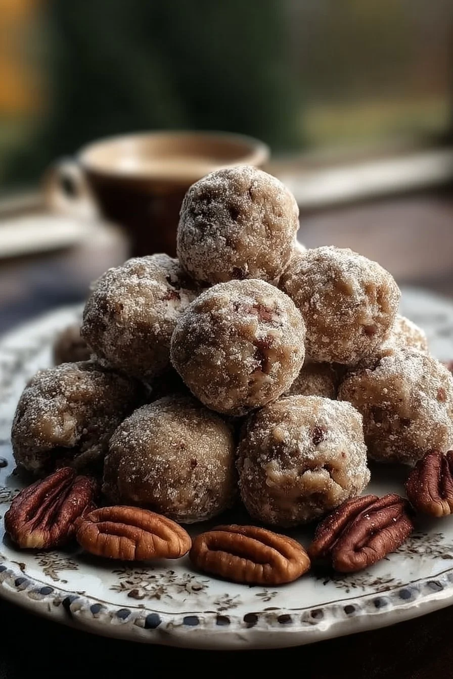 Georgia O'Keeffe's delicious Pecan Butterballs dessert on a decorative plate