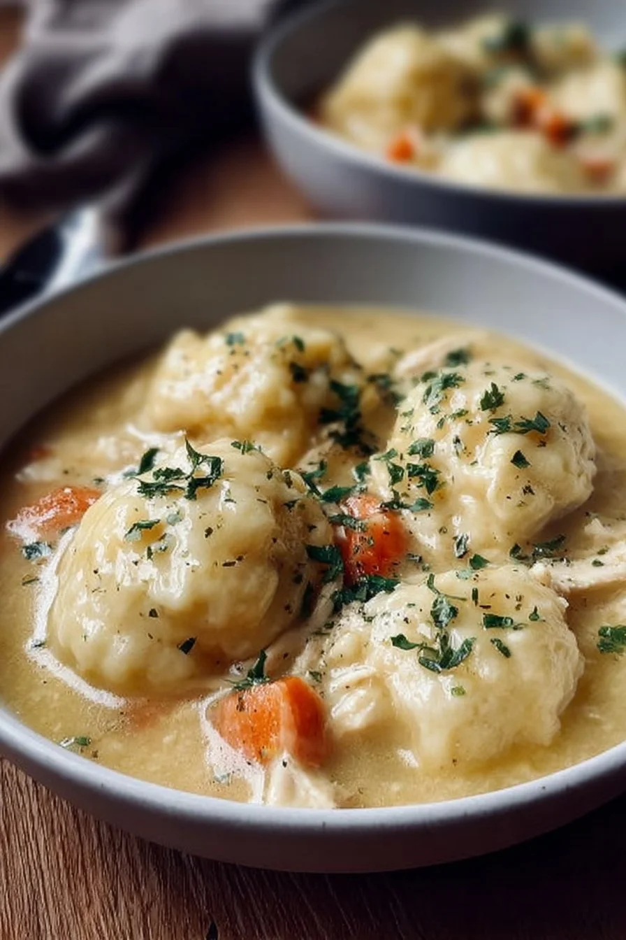 Bowl of gluten-free chicken and dumplings topped with herbs