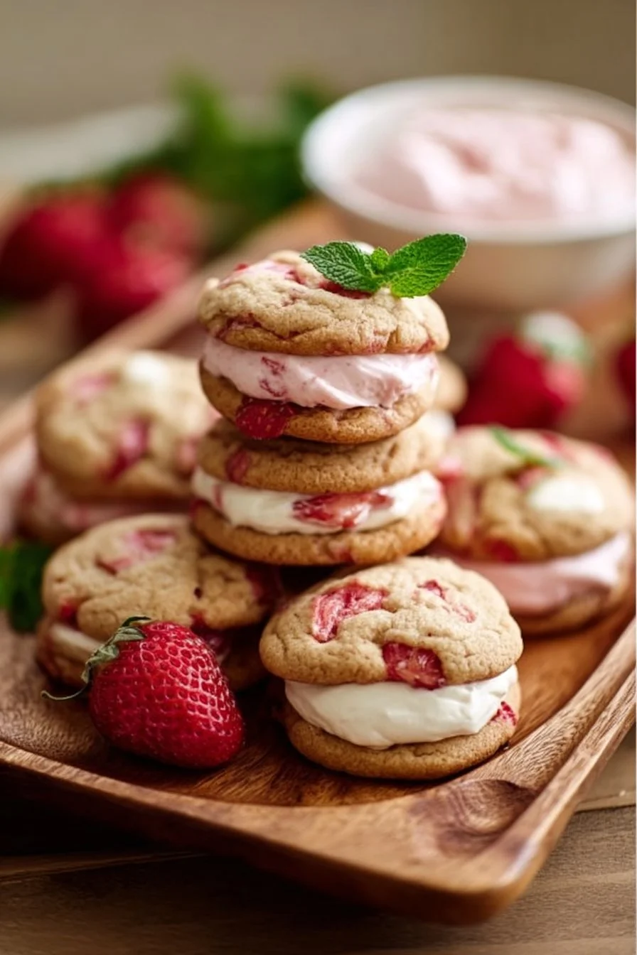 Healthy strawberry banana pudding cookies with a cheesecake dip