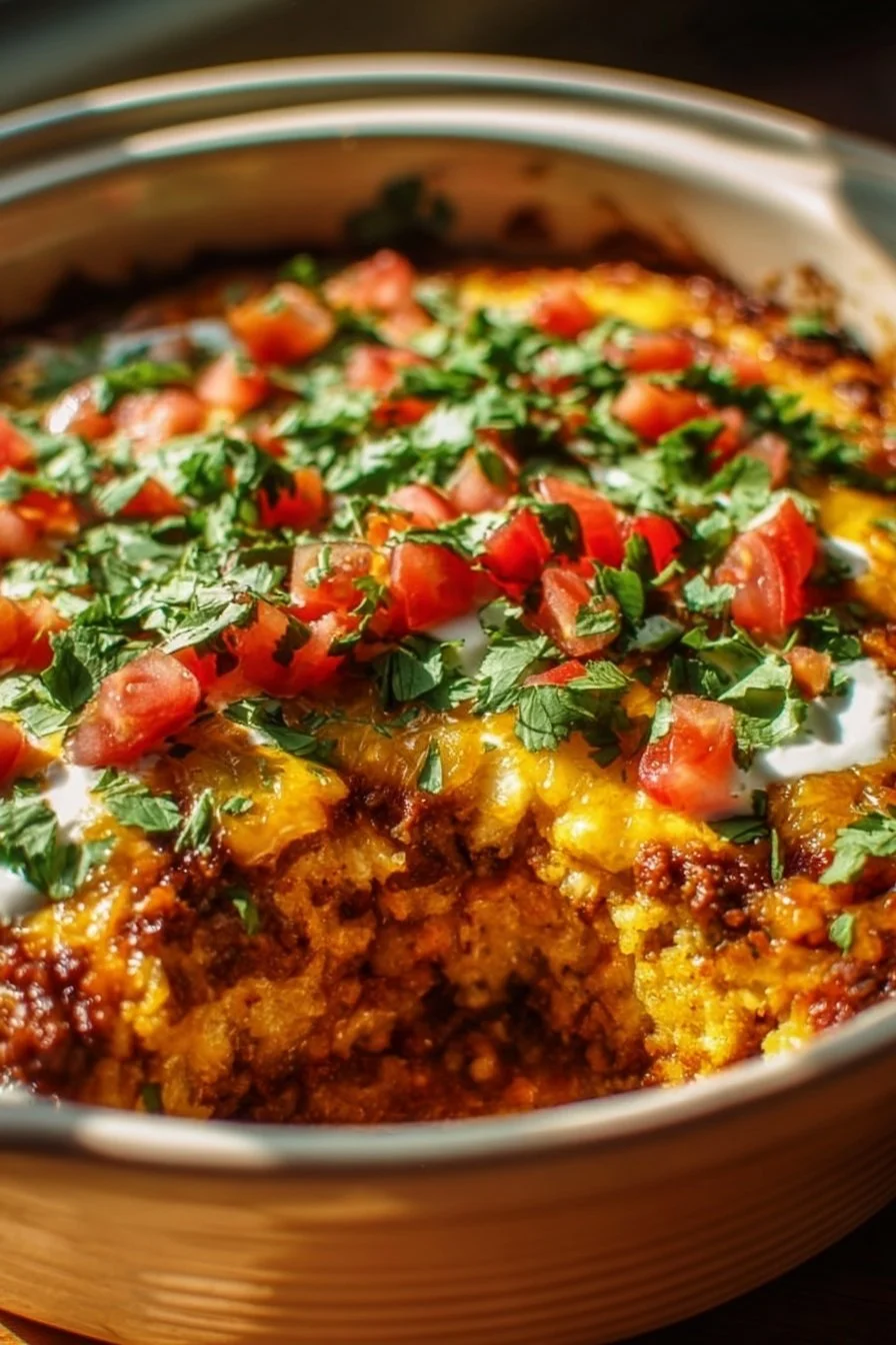 Healthy taco cauliflower rice casserole dish topped with fresh ingredients