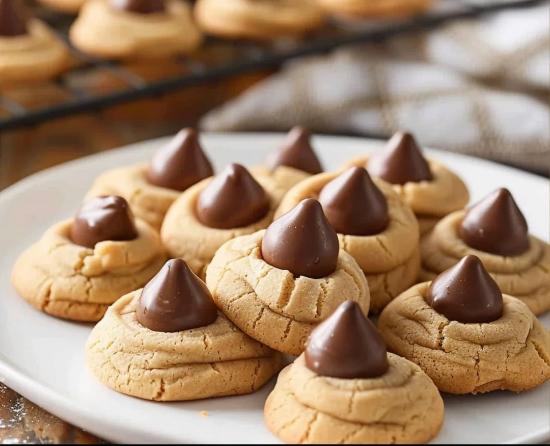 Homemade peanut butter kiss cookies with chocolate on top