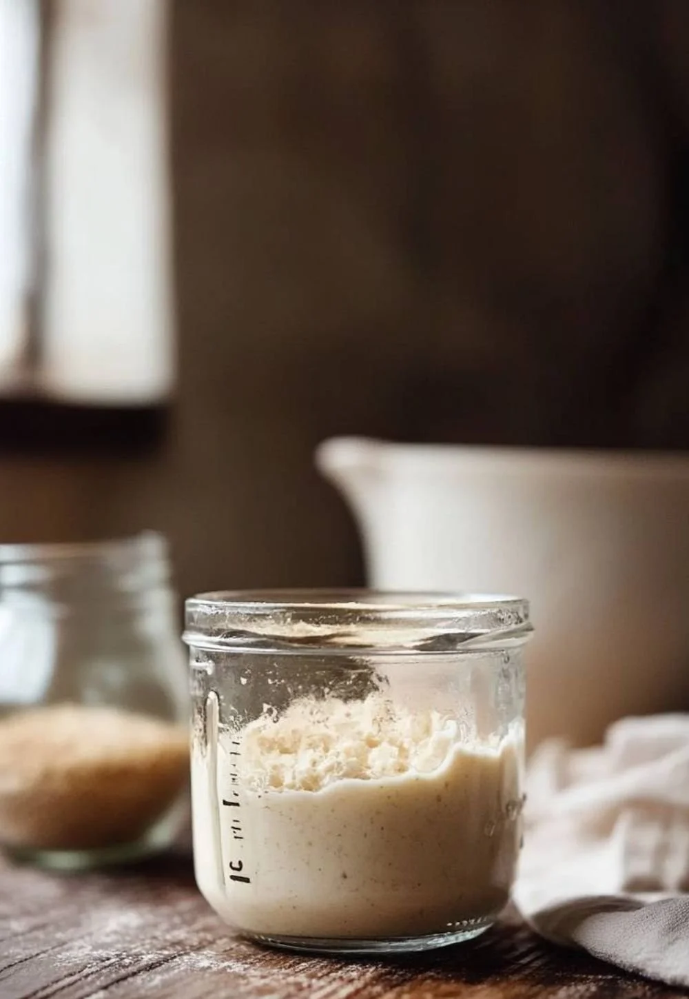 Homemade sourdough starter in a glass jar with flour and water