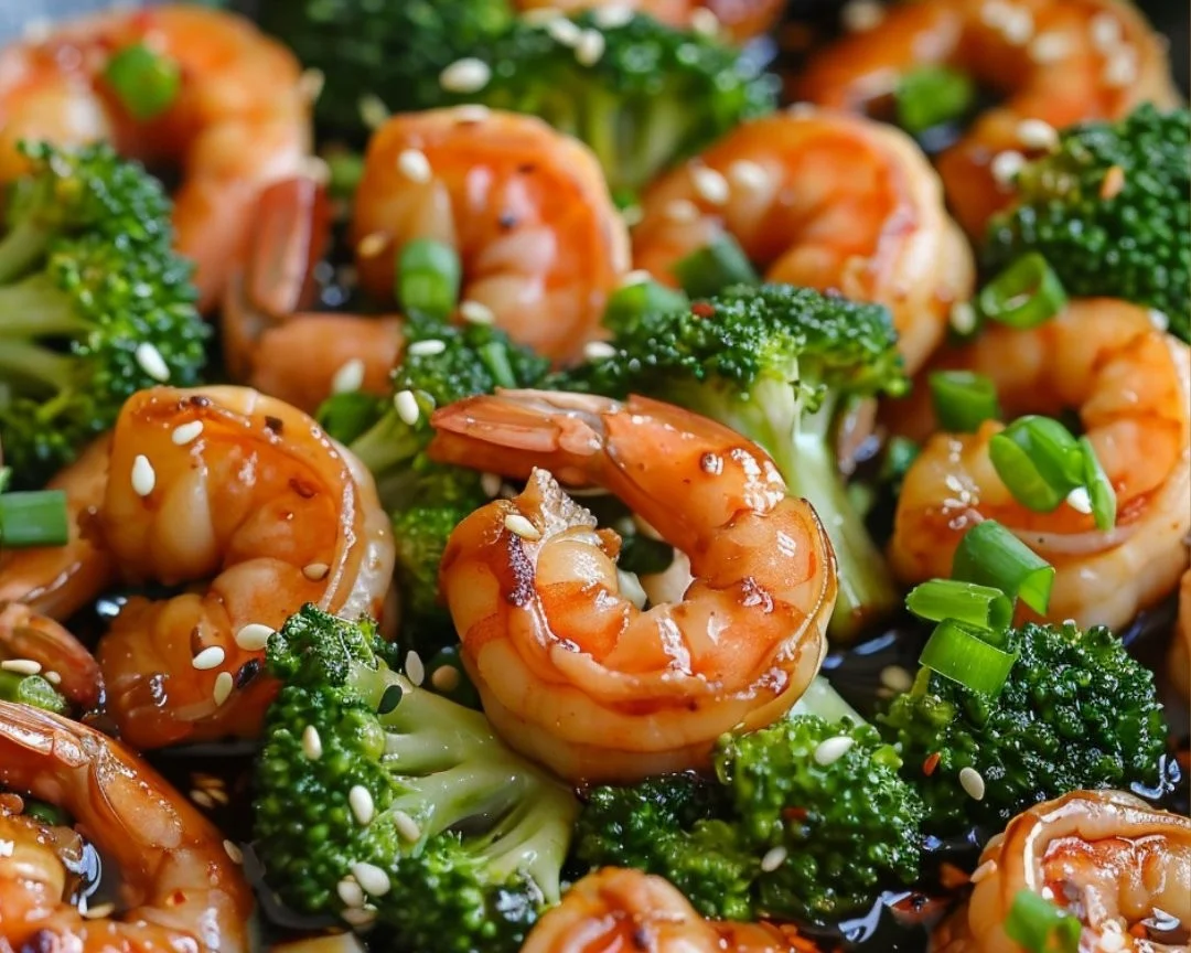 Delicious honey garlic shrimp with sausage and broccoli on a plate