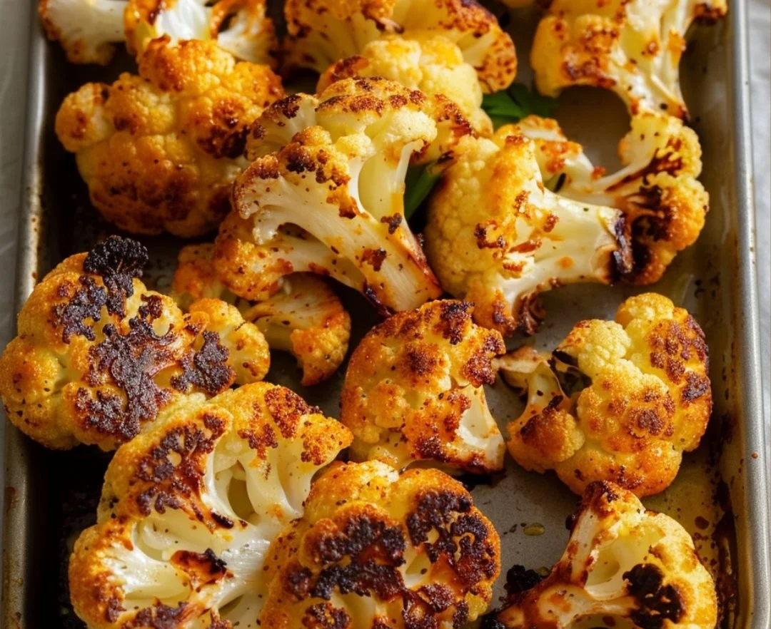 Plate of hot honey roasted cauliflower garnished with herbs.