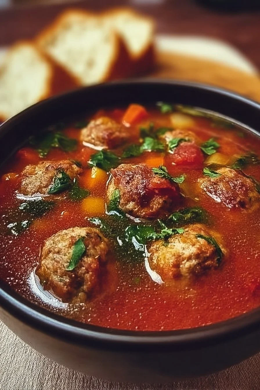 Bowl of Italian meatball soup with fresh herbs and vegetables