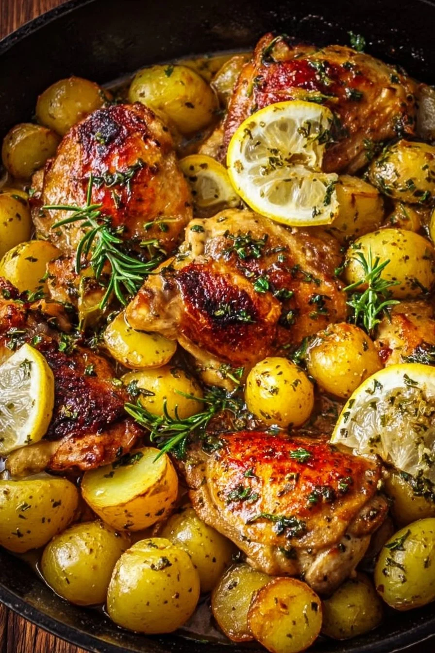 Juicy lemon garlic butter chicken cooked in a skillet with potatoes