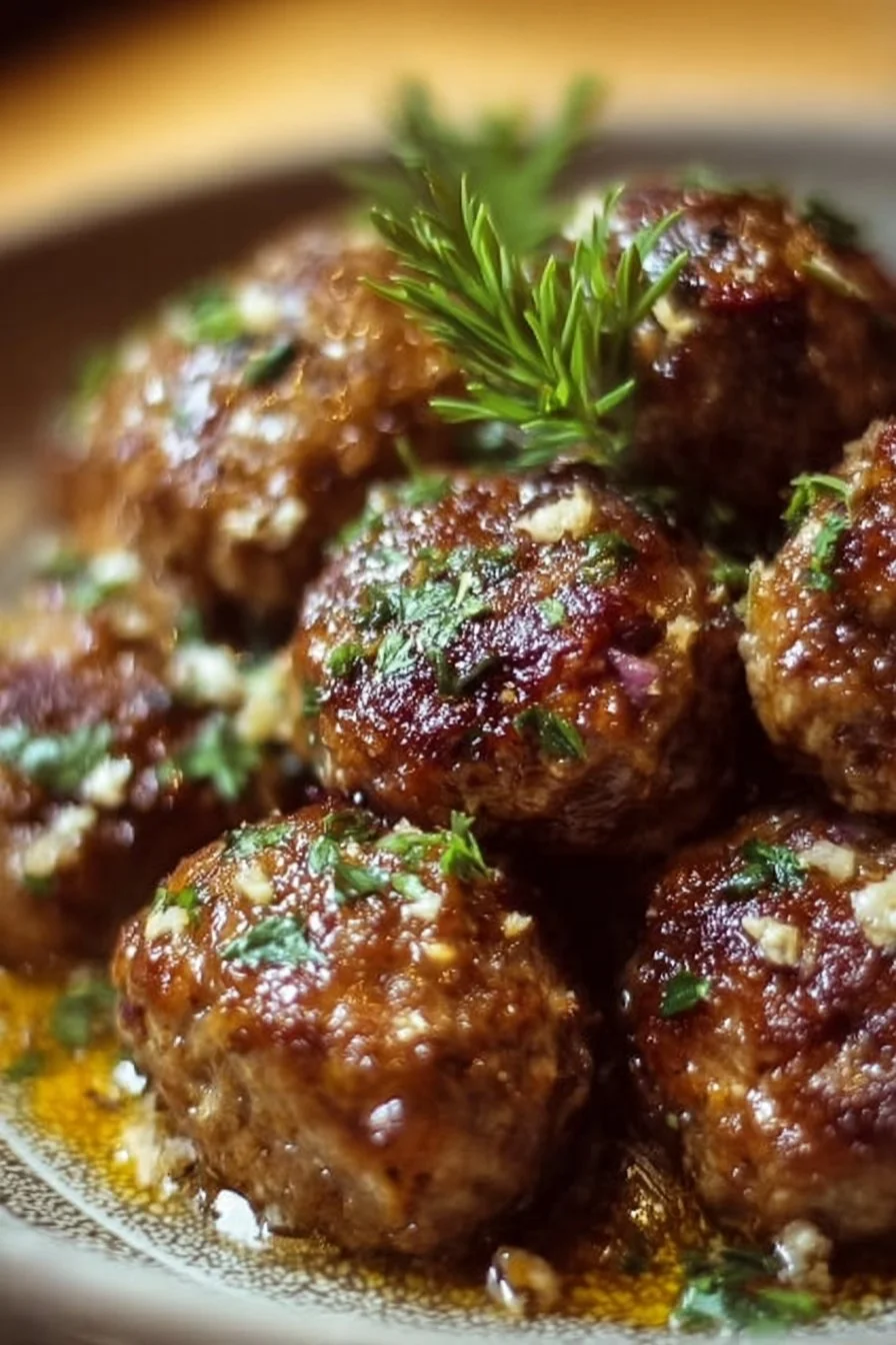 Keto Garlic Butter Meatballs served in a dish with herbs