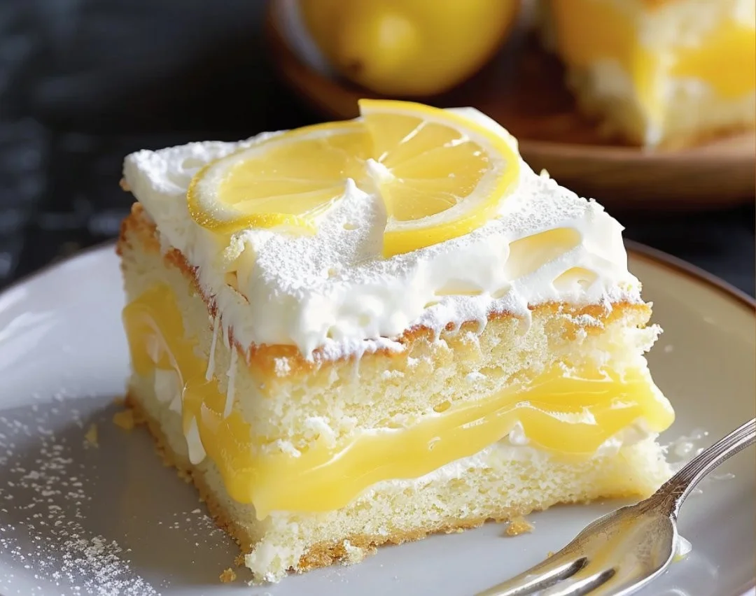 Delicious Lemon Lush Cake with creamy layers and a slice cut out