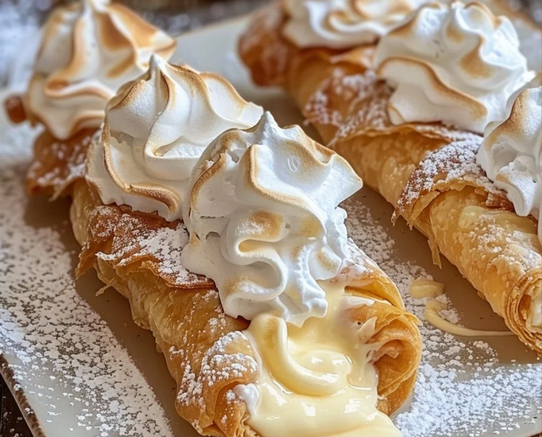 Lemon Meringue Pie Cannoli dessert with creamy lemon filling and meringue topping.