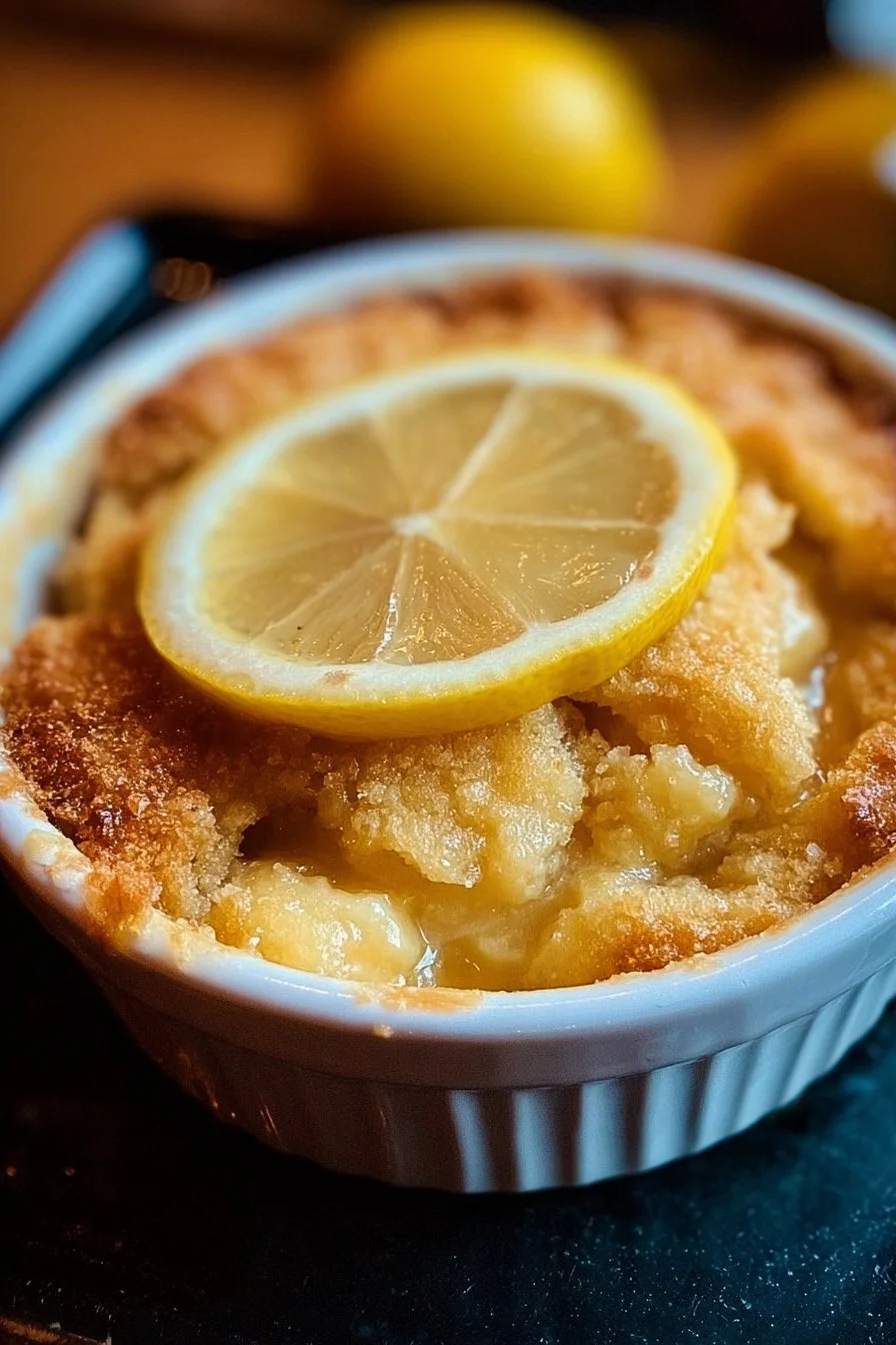 Delicious Magic Lemon Cobbler dessert topped with fresh lemon slices