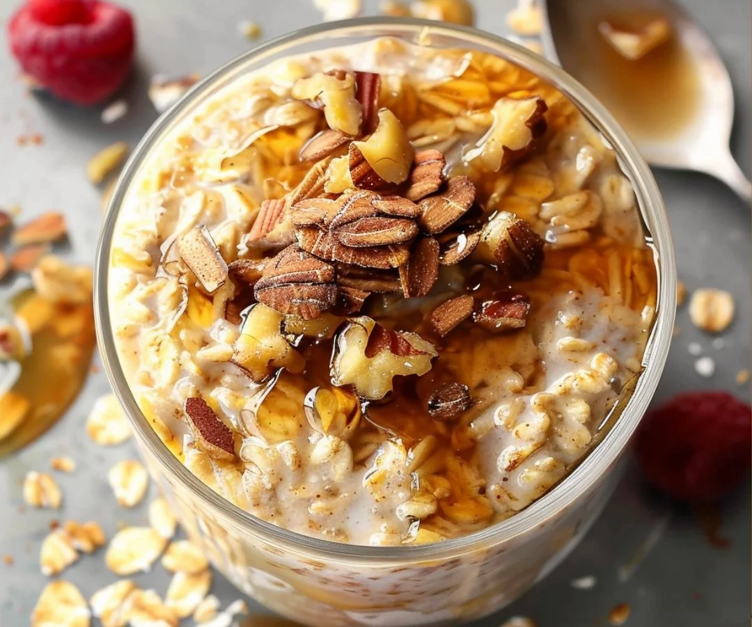 Bowl of Maple Brown Sugar Overnight Oats topped with fresh fruits and nuts