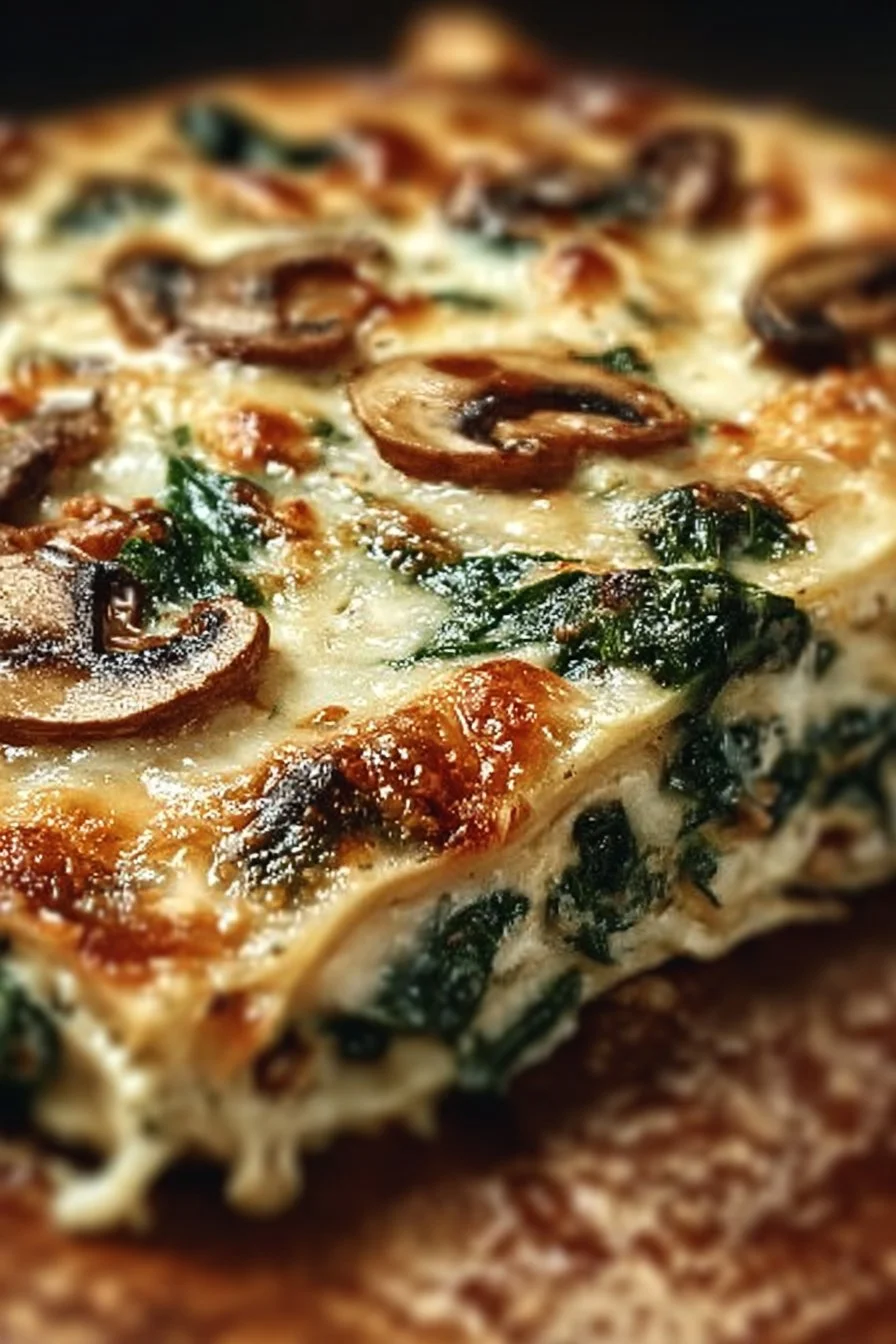 Delicious mushroom and spinach lasagna layered with cheese and herbs