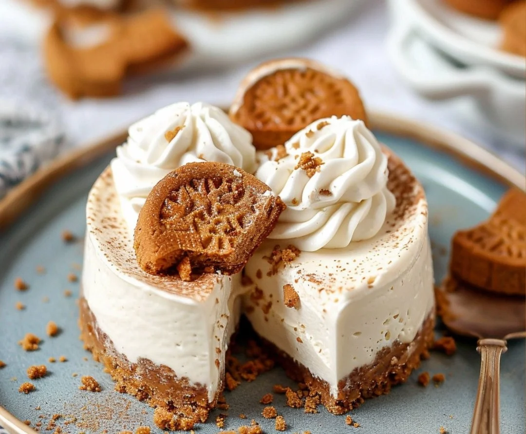 No-bake Biscoff cheesecake topped with crushed Biscoff cookies