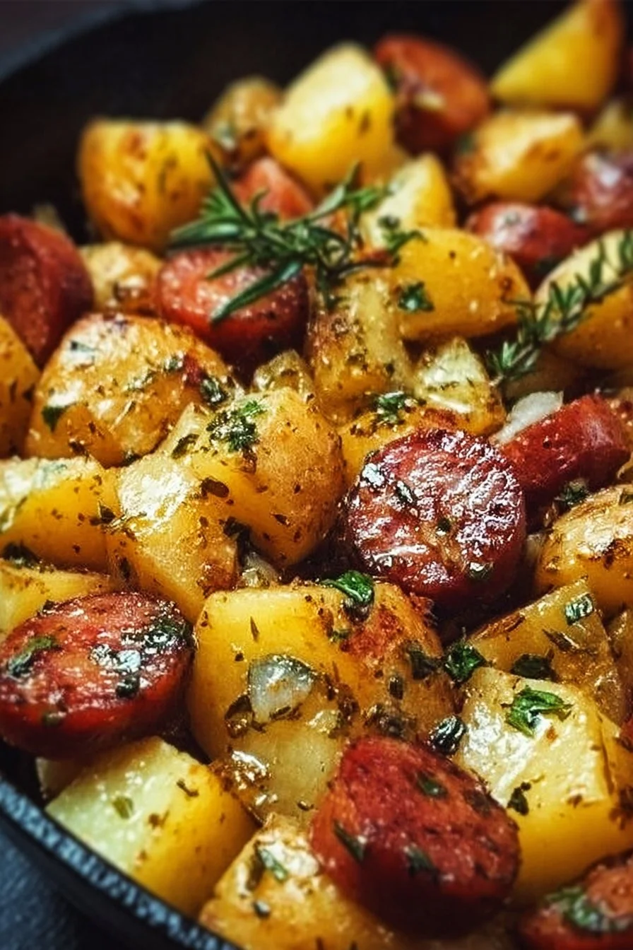 Delicious potatoes and sausage skillet cooked with spices and vegetables.