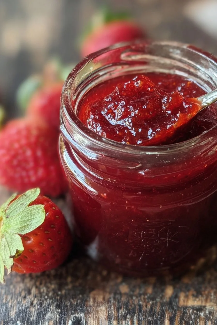 Quick homemade strawberry jam in a jar with fresh strawberries