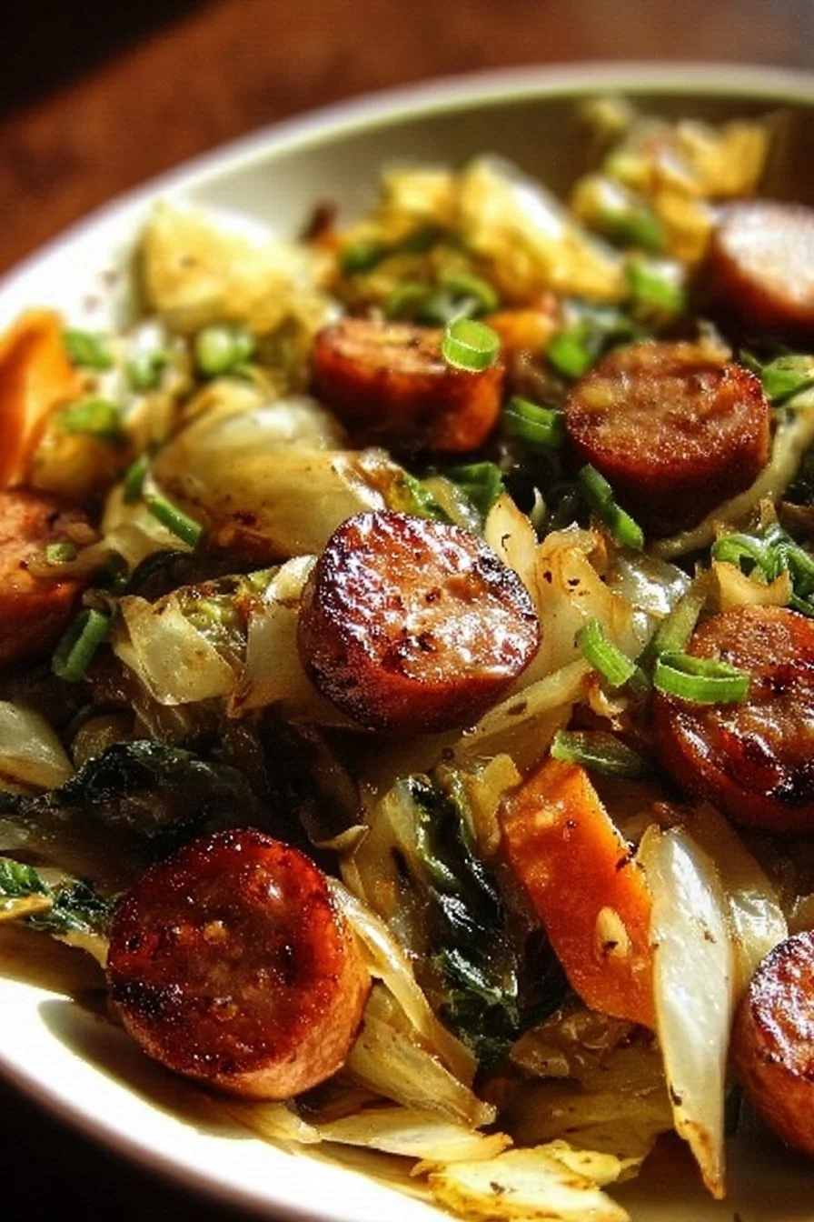 Sausage and Cabbage Stir Fry in a colorful skillet
