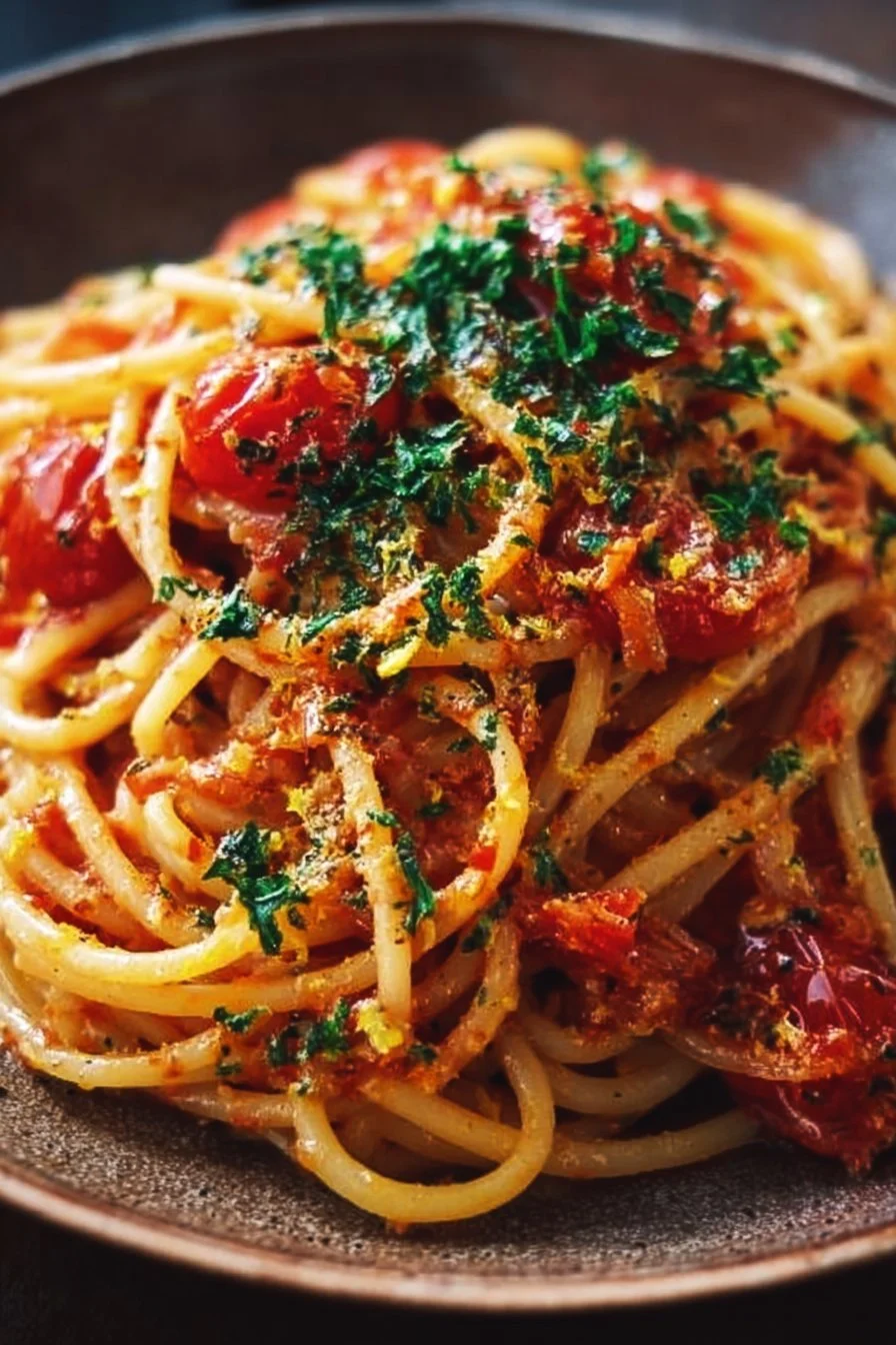 Savory Creamy Tomato Spaghetti with Preserved Lemon