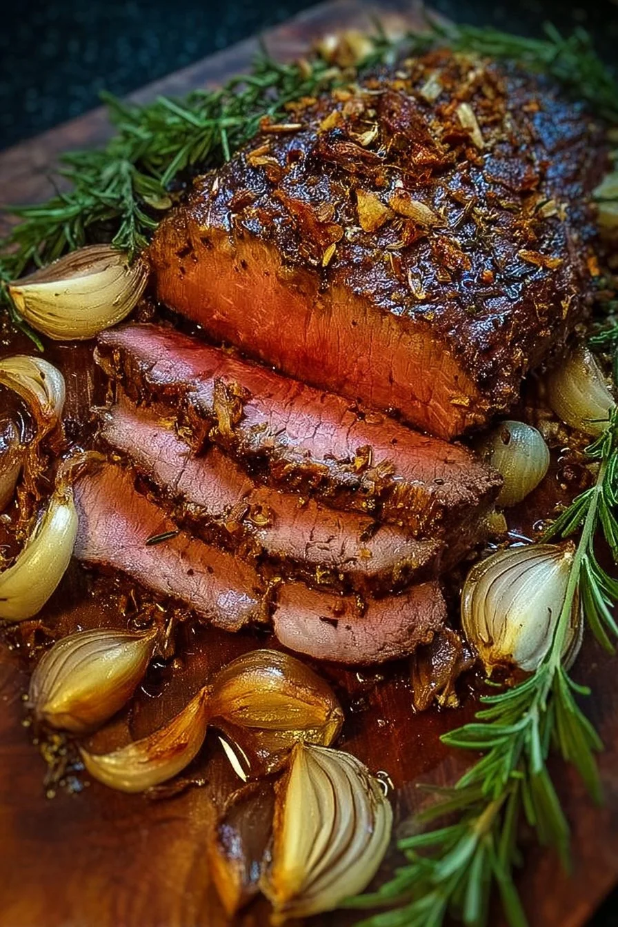 Savory rosemary and garlic roast beef on a platter with herbs and spices