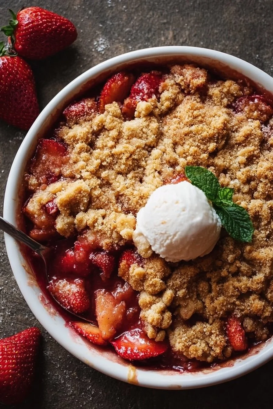 Delicious strawberry rhubarb crisp baked to perfection in a golden brown topping.