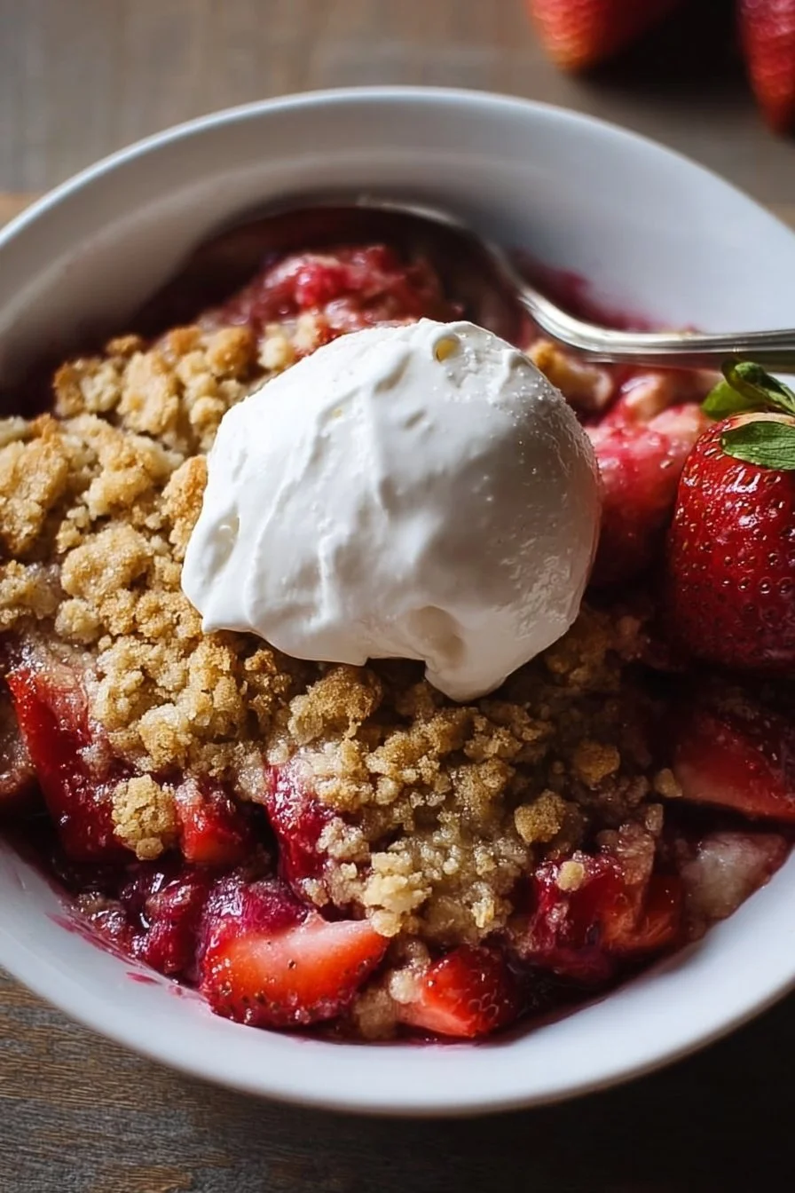 Delicious strawberry rhubarb crisp with a golden crumble topping