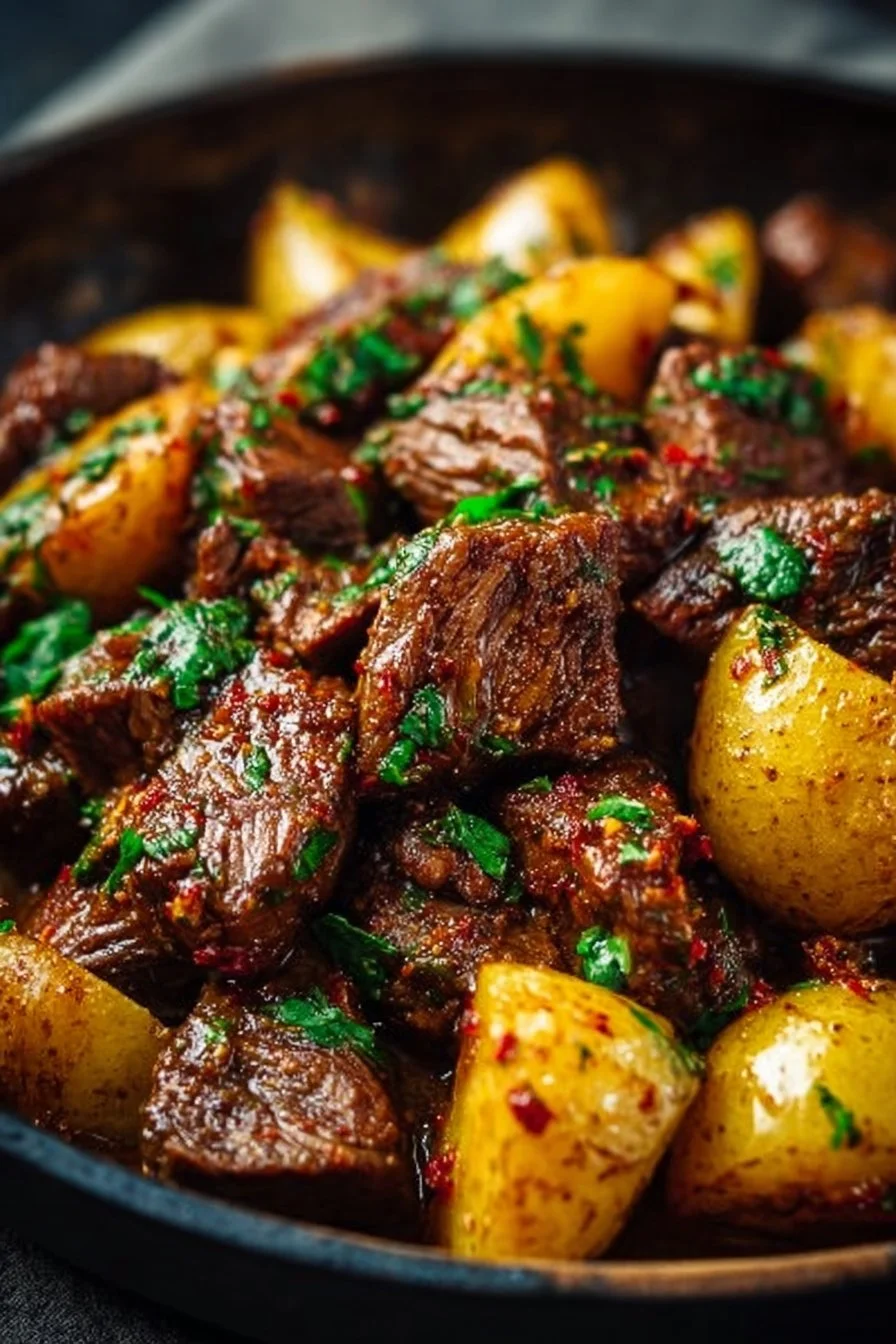 Delicious slow cooker garlic butter beef bites served with potatoes