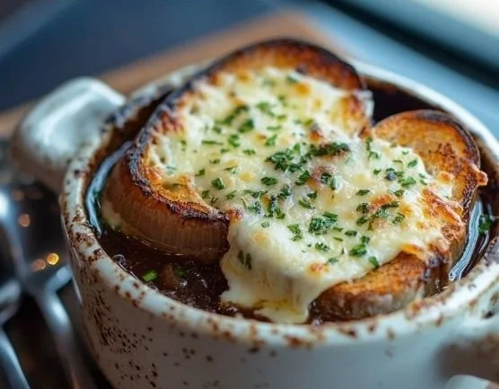 Bowl of Slow Cooker French Onion Soup topped with melted cheese and herbs