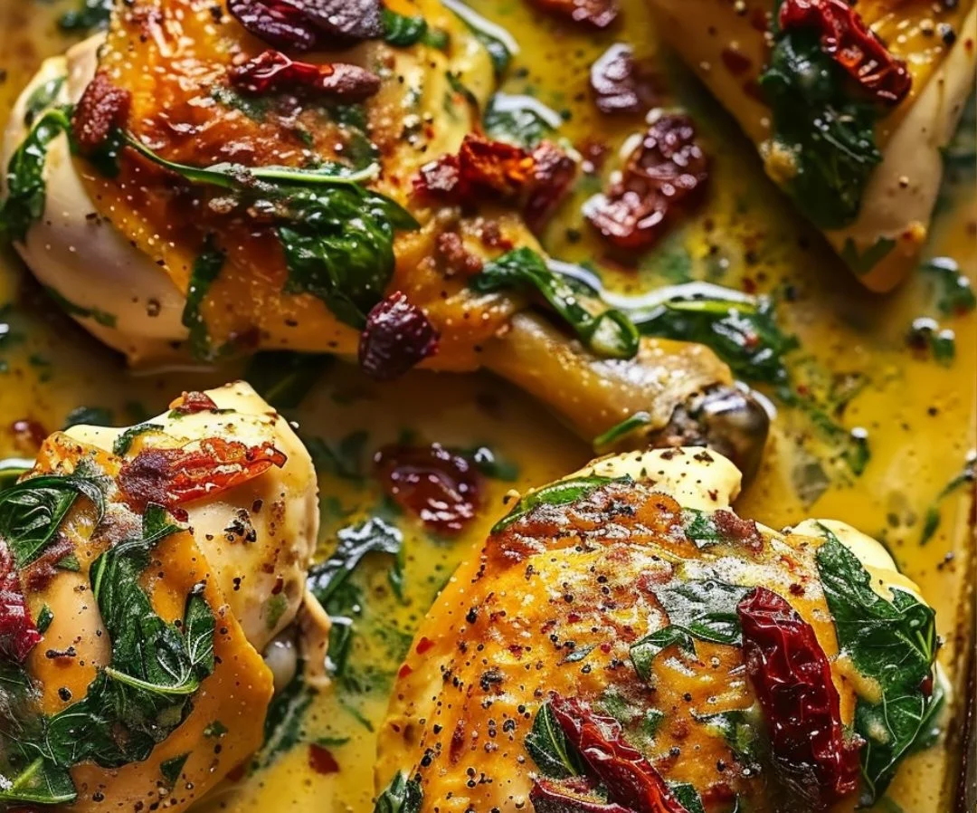 Smothered Baked Chicken with Creamed Spinach and Sun-Dried Tomatoes