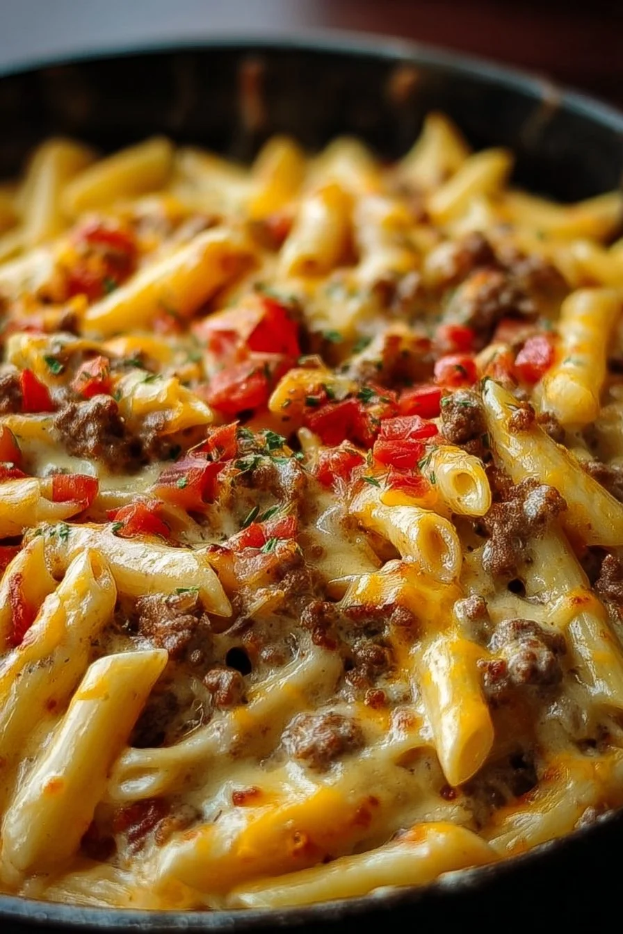 Spicy Loaded Cheeseburger Alfredo Pasta