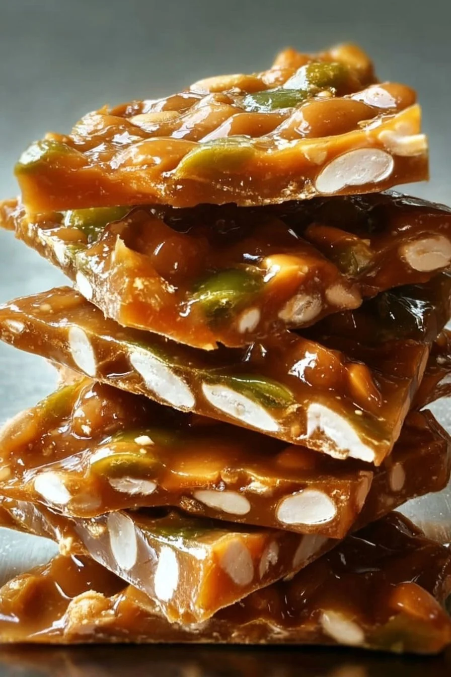 Spicy sweet jalapeño peanut brittle on a wooden surface