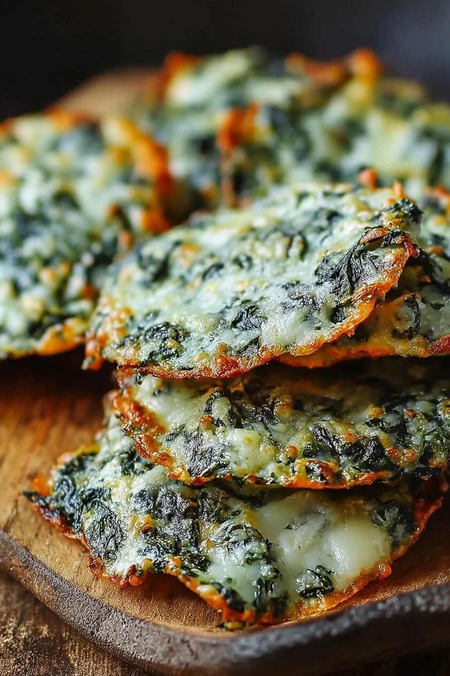 Spinach dip cheese crisps served on a platter as a tasty appetizer.